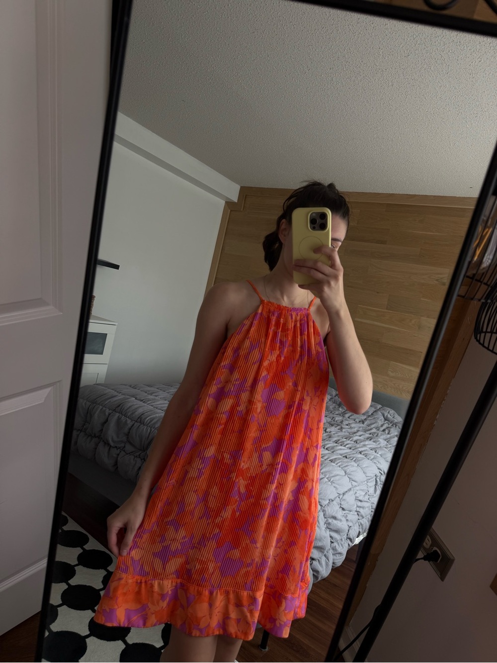 Taylor Orange and Pink Pleated Halter Mini Dress